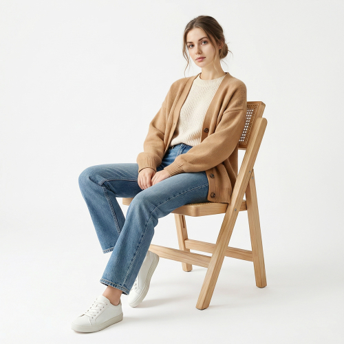 Chaise Salle à Manger Pliante Bois Rotin - Siège Pliable Avec Dossier 360° Pour Intérieur Extérieur